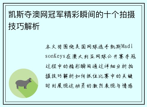 凯斯夺澳网冠军精彩瞬间的十个拍摄技巧解析
