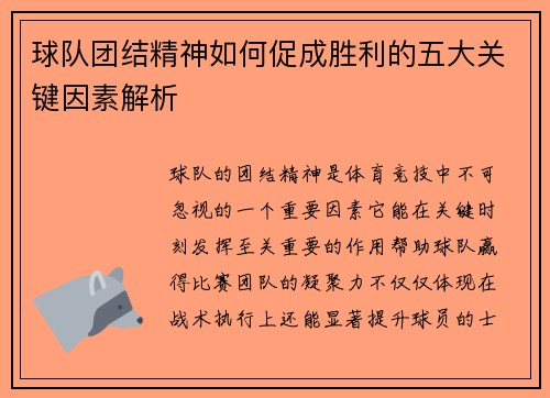 球队团结精神如何促成胜利的五大关键因素解析